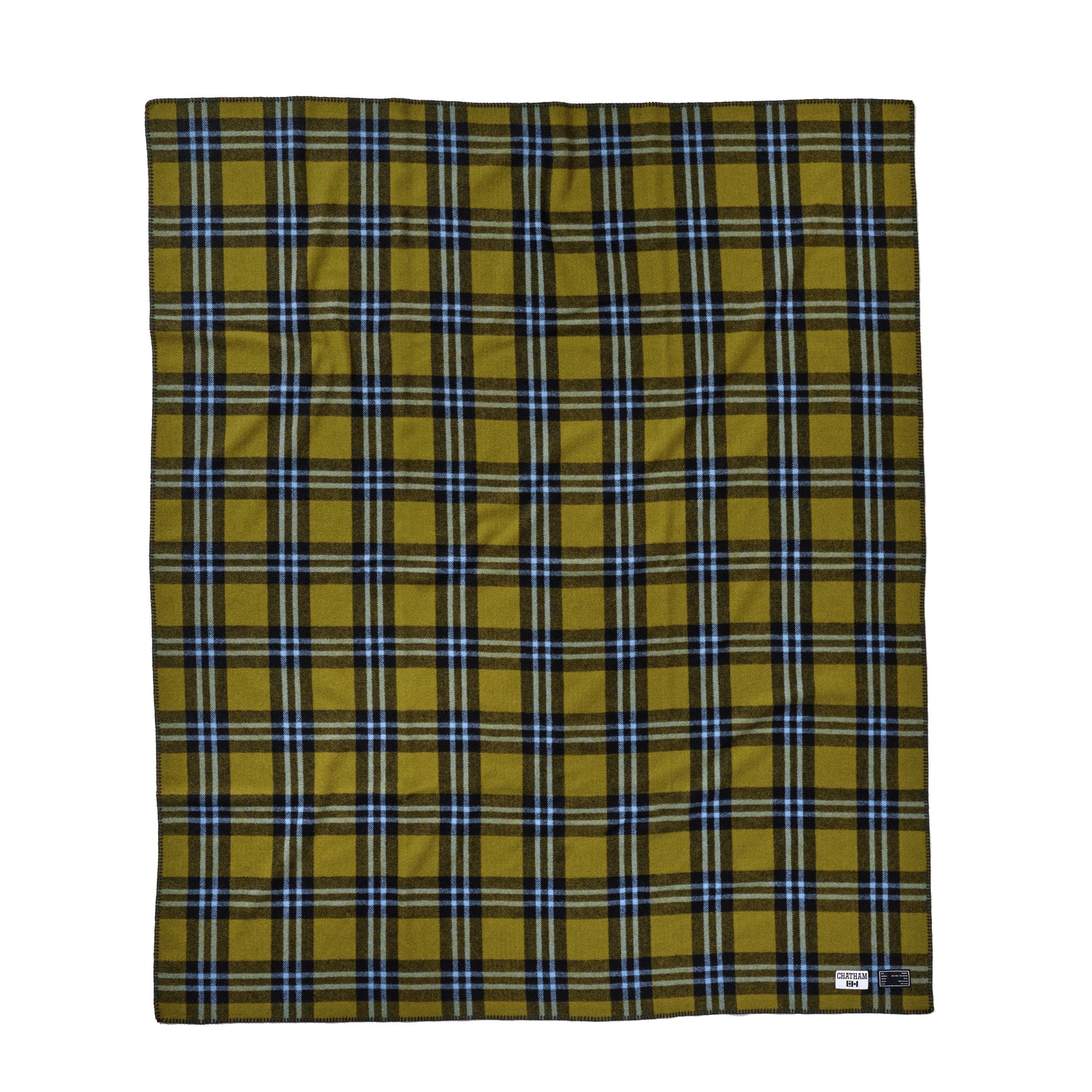 A green wool blanket with black and blue plaid. Its laid out flat to show the full product.